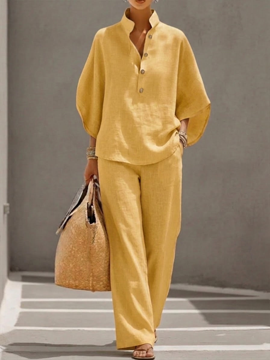 Mediterránea | Conjunto de Dos Piezas Lino con Top Murciélago y Pantalón Ancho