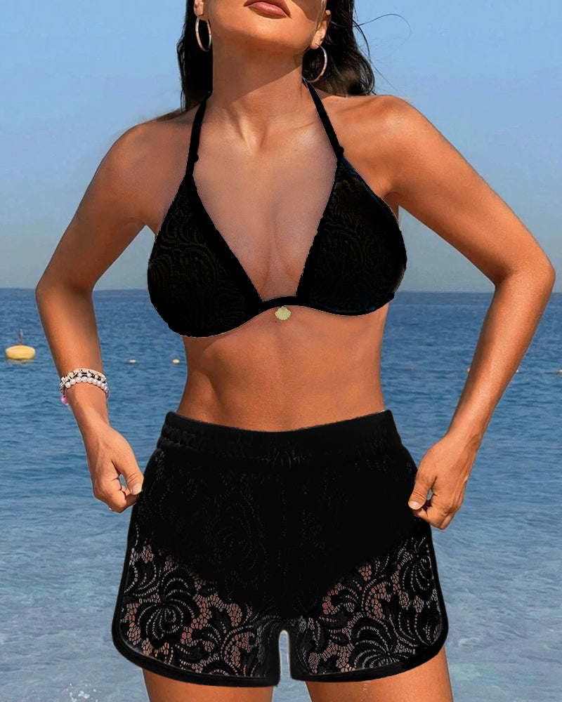 Elegante conjunto de bikini de encaje en color sólido