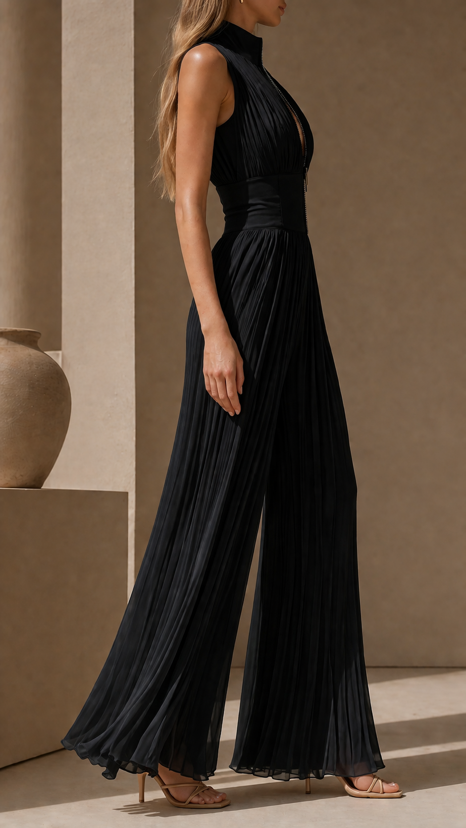 Mono Vega | Mono Plisado con Escote Zipper y Pantalón Palazzo