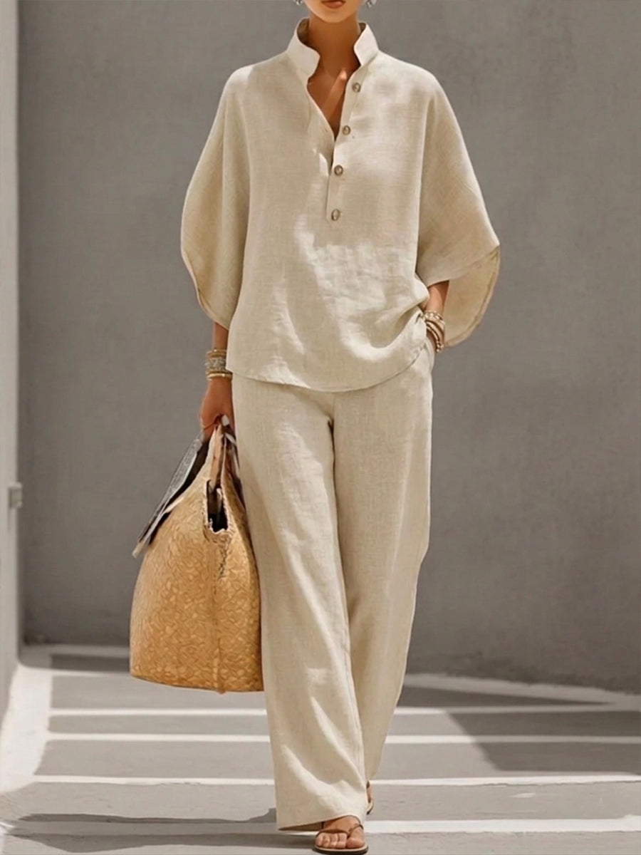 Mediterránea | Conjunto de Dos Piezas Lino con Top Murciélago y Pantalón Ancho