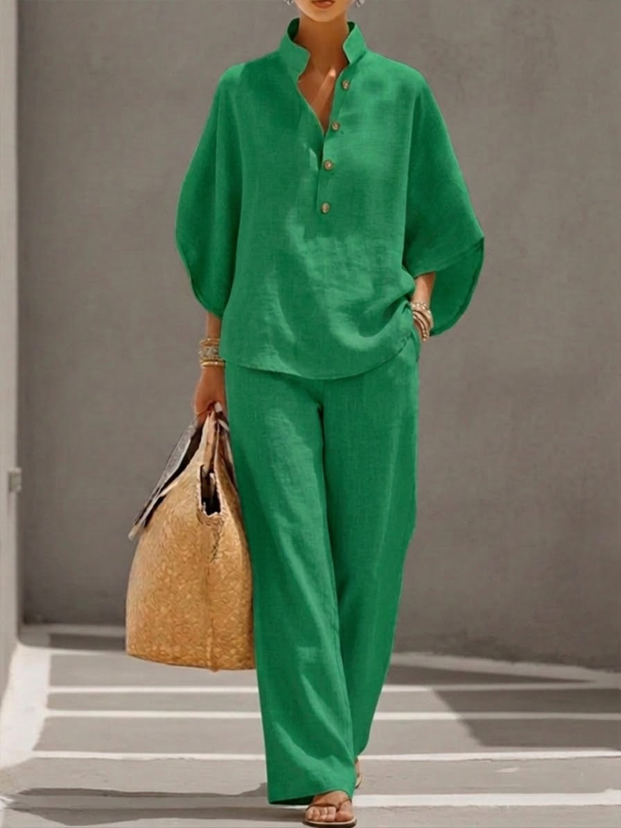 Mediterránea | Conjunto de Dos Piezas Lino con Top Murciélago y Pantalón Ancho