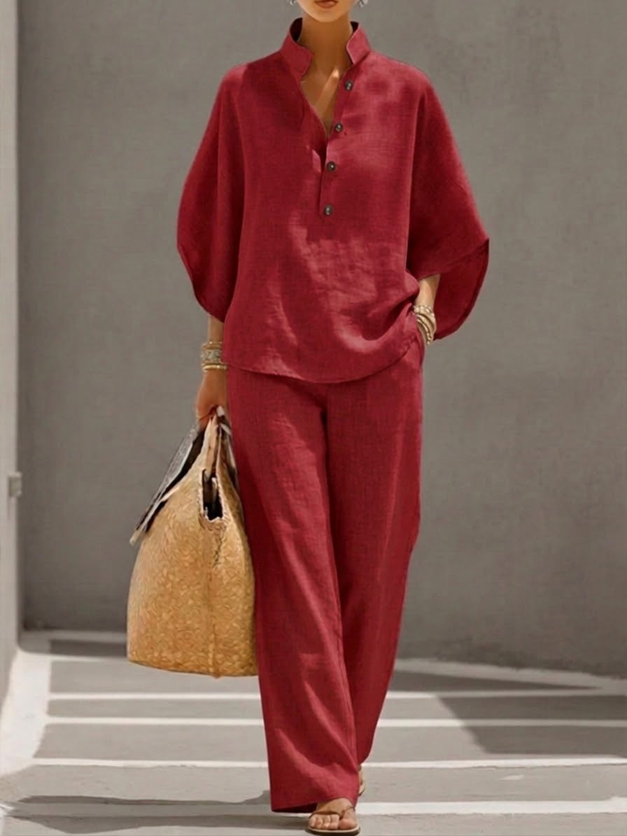 Mediterránea | Conjunto de Dos Piezas Lino con Top Murciélago y Pantalón Ancho