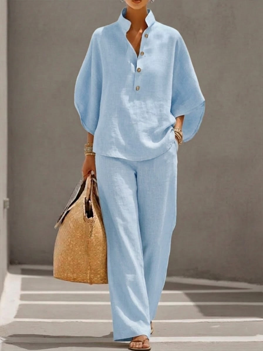 Mediterránea | Conjunto de Dos Piezas Lino con Top Murciélago y Pantalón Ancho