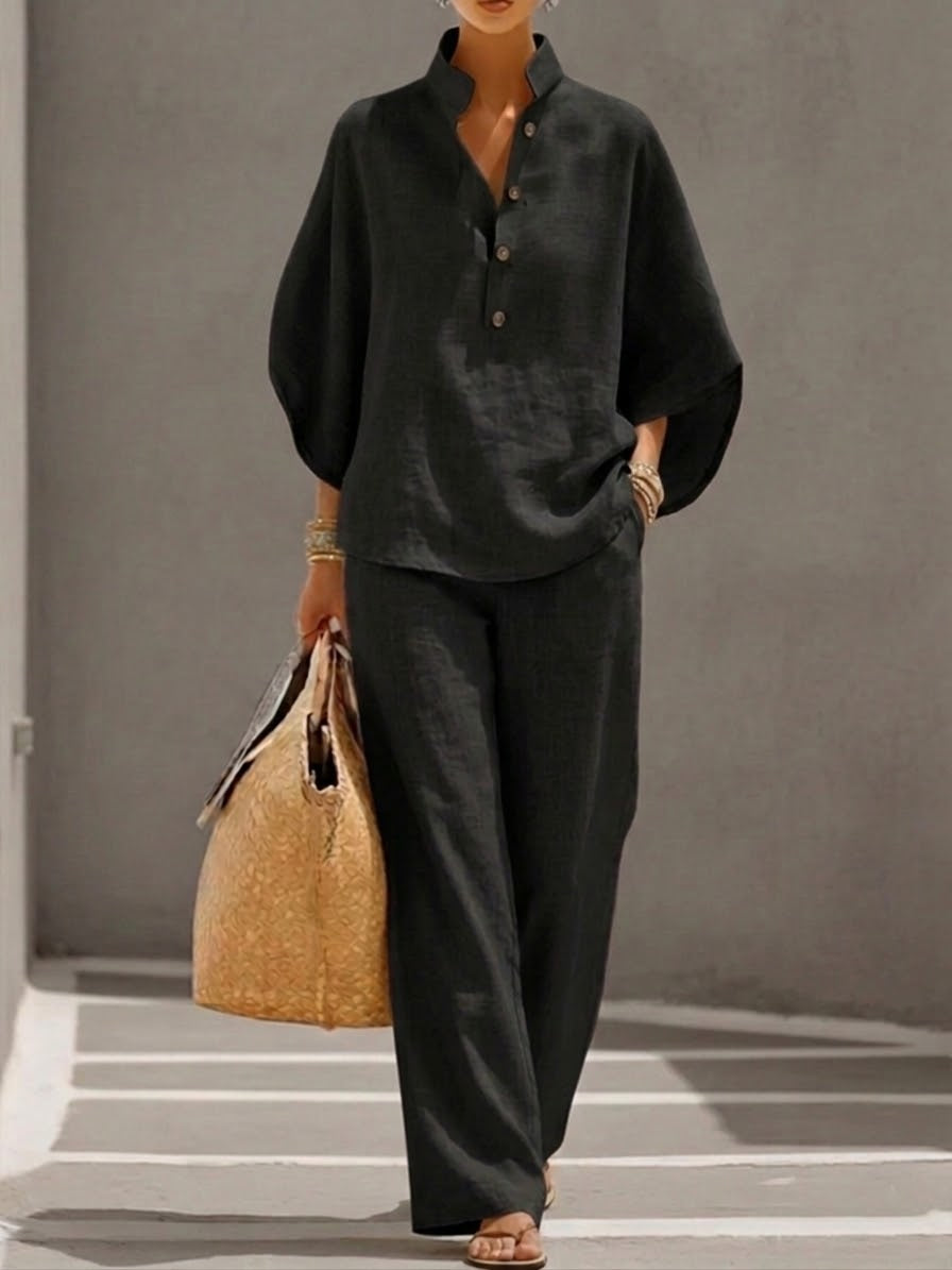 Mediterránea | Conjunto de Dos Piezas Lino con Top Murciélago y Pantalón Ancho